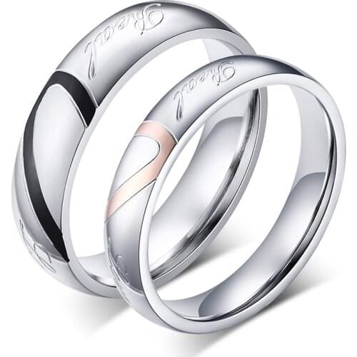 Couple ring silver Lovers Alliance Promise Anniversary heart shaped wedding rings for men and women Stainless Steel Jewelry