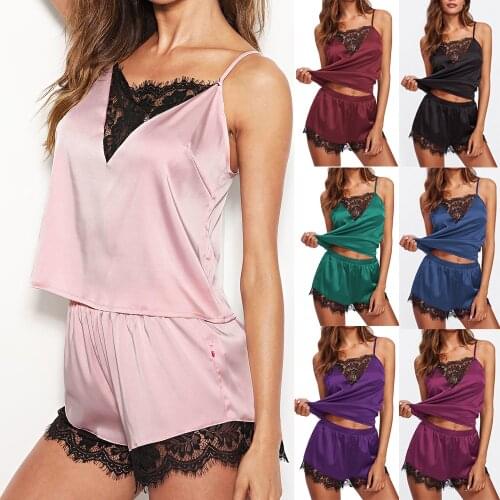 Sexy Ladies 2 Piece Satin Silk Pyjama Set Sleepwear Lace Vest Shorts Womens Satin Nightwear Underwear Sleepwear