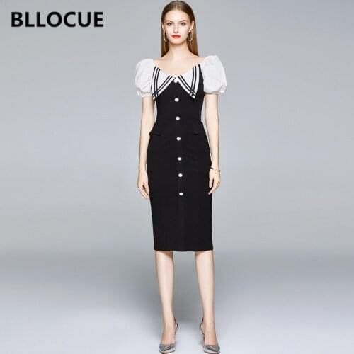 BLLOCUE Women Puff Sleeve Elegant Black Pencil Dress 2020 Summer V-Neck Single-Breasted Slim Office Ladies Dress Vestidos