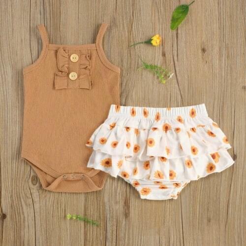 2 Pcs Newborn Casual Outfits Toddler Girl Sleeveless Square Collar Ribbed Romper + Daisy Print Layered Shorts