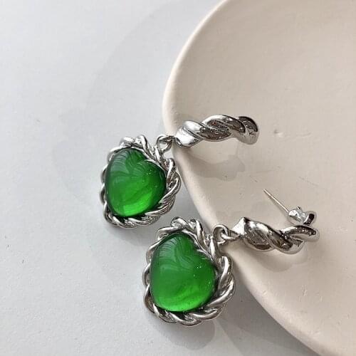 Heart-shaped Green Crystal EarringsRetro Fashion Contracted Exaggerated Euramerican Style Earrings Women Jewelry Accessories