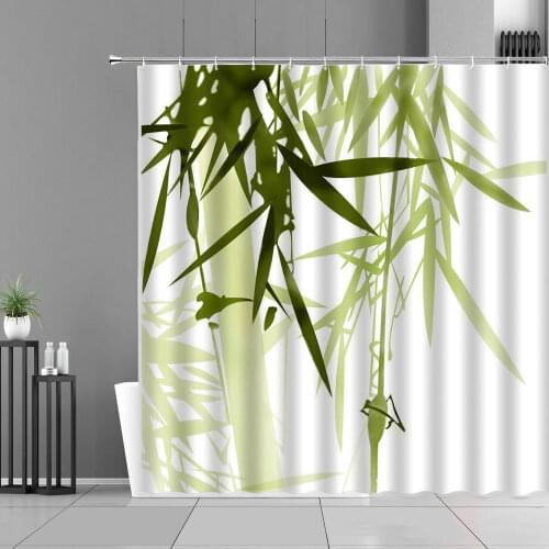 Green Plant Bamboo Leaves Shower Curtains Chinese Ink Painting Scenery Pattern Home Decor Waterproof Bathroom Curtain With Hooks