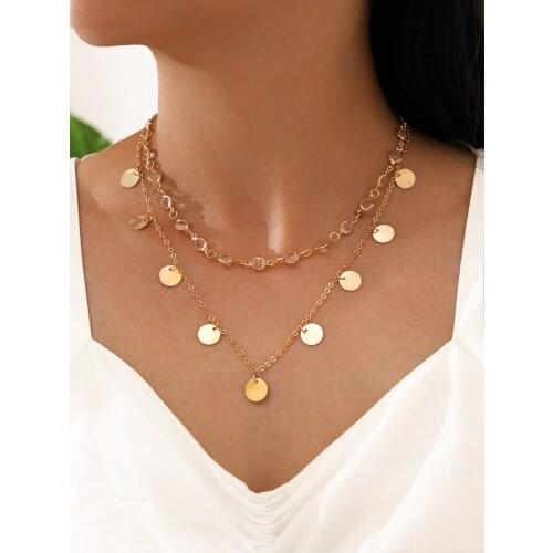 Stillgirl 2Pcs Vintage Sequins Crystal Necklace for Women Charms Gold Color Geometric Double Chains Female Gift Fashion Jewelry