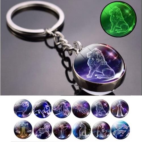 Glow In The Dark 12 Constellation Keychain Zodiac Signs Picture Double Side Cabochon Glass Ball Keychain Jewelry Birthday Gifts