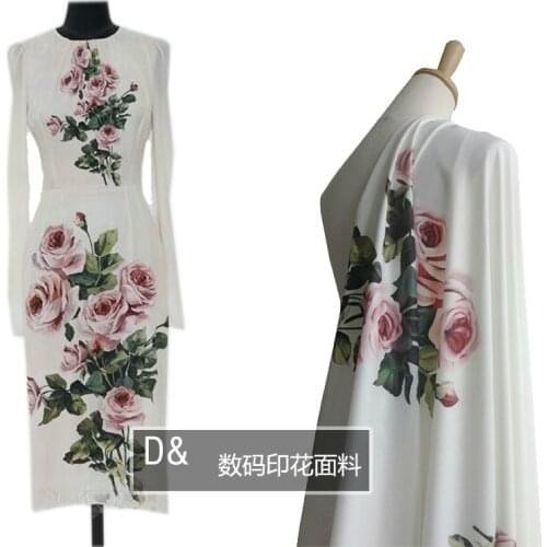 Rose flower printed polyester white fabric cloth 148 cm width parent-child dress childrens clothing handmade DIY fabric