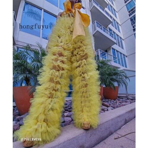 Yellow Pants Fashion Prom Dresses Women Pants Formal Dress Tulle Off Shoulder Blouse Tiered 2021