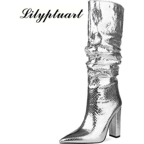 European and American style thick heel fold high boots side zipper womens boots silver boots large size womens shoes winter