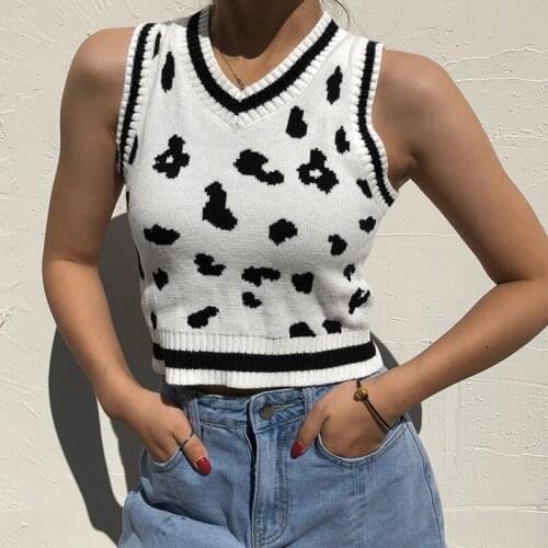 Women Autumn V-Neck Knitted Slim Vest Milk Cow Print Sleeveless Sweater Crop Top