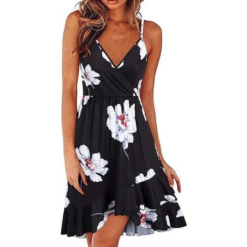 Summer Women Sexy Fashion V-neck Swing Dress Sleeveless Backless Bandage Print Sexy Dress