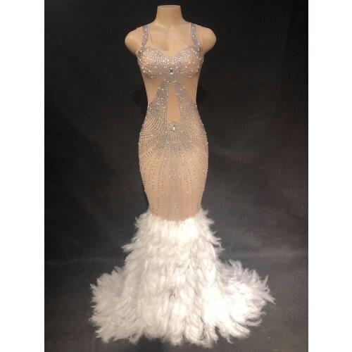 Women Sexy Stage White Feather Nude Shiny Rhinestone Dress Birthday Celebrate Transparent Net Yarn Dress Evening Costume Dress