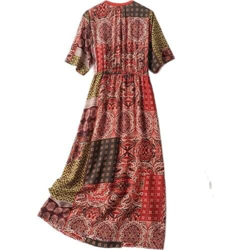 Mulberry real Silk Dress Women new Summer autumn Temperament V-neck Retro National Style Printed slim long skirt lady one-piece