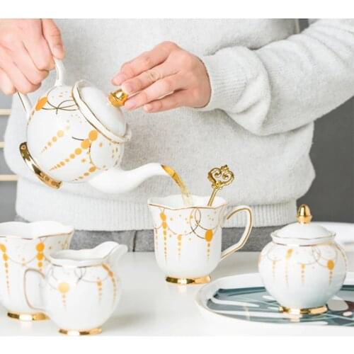 1pc Nordic Luxury Glod Point Porcelain Teapot Coffee Cup and Saucer Sugar Pot Milk Jug Set Tea Tray Wedding Gift