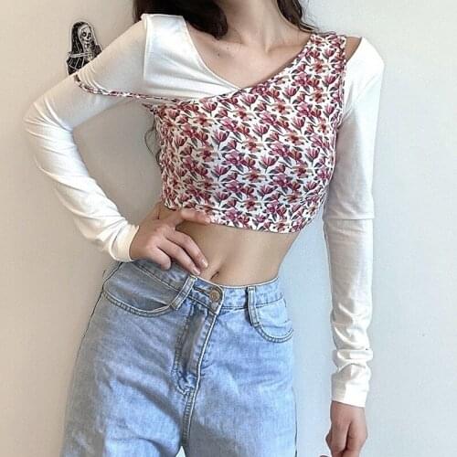 Women 2021 Fashion Cottagecore Floral Print Patchwork Long Sleeve Chic Crop Tops Fall New Casual Hollow Out Skinny Tshirt Mujer