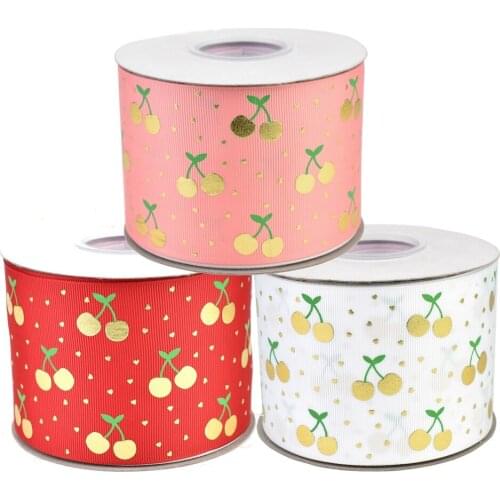 50yards 75mm Gold Foil Ink Cherry Fruit Grosgrain Ribbon For DIY Accessories Welcome Custom Printed