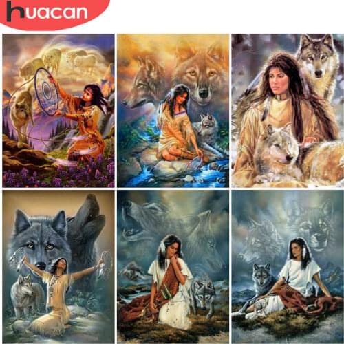 HUACAN 5D Diy Diamond Painting Indians Cross Stitch Diamond Embroidery Animal Wolf Mosaic Bedroom Decoration