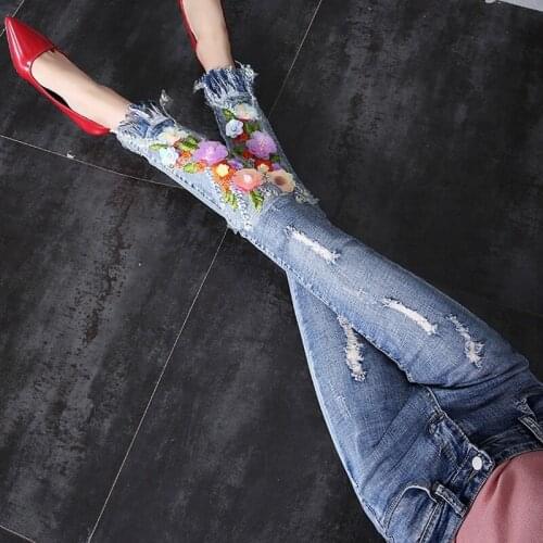 New Fashion Autumn Ankle Length Stretchy Pants Appliques Ripped Jeans Fringe Design Water Washed Roupas Feminina Pockets Blue