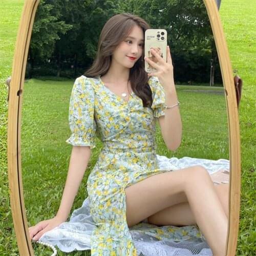 Elegant Floral Dress for Women Party French Vintage Casual Club Sexy Knee-Length Dresses Female Summer New Beach Holiday Clothes