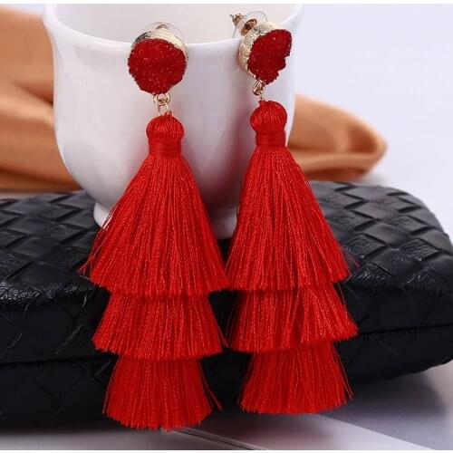 HOCOLE Fashion Crystal Tassel Drop Earrings For Women Bohemian Ethnic 3 Layer Long Fringed Drop Dangle Earring Female Jewelry