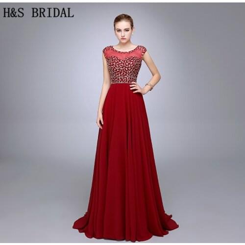 HS09 Best Selling Spring A Line Around Neck Evening Wear Cap Sleeves Vestido De Festa Red Long Chiffon Beaded Evening Dresses