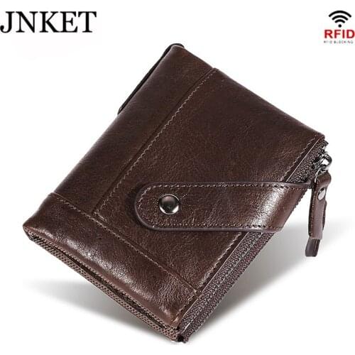 JNKET Retro Mens RFID Blocking Short Wallet Genuine Leather Clutch Wallet Credit Cards Zipper Wallet Billfold Coins Purse