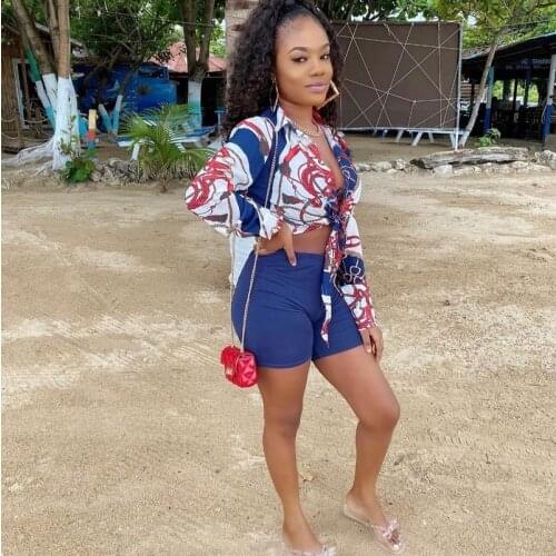 Two Pieces Streetwear Suits Women Long Sleeve Chain Printed Tie Up Shirt Top and Bodycon Shorts Set