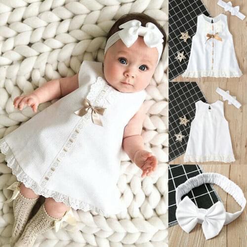 Infant Newborn Baby Girl Lace Dress Sleeveless Bowknot Rib Solid Gown Headband