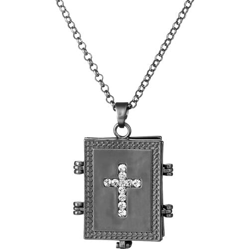 Square Bible memory photo locket antique black cross pattern pendant chain lover family necklace woman jewelry