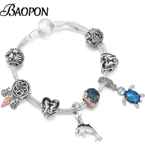 Summer Style Silver Color Snake Chain Charm Bracelet With Tortoise Dolphin Dangles Beads Bracelets For Women Men Jewelry Gift
