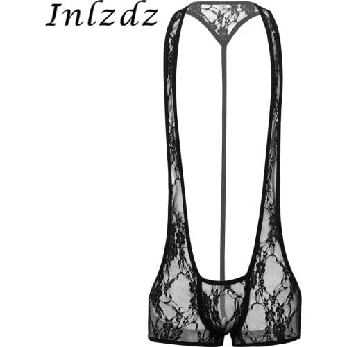 Mens Lingerie Sexy Bodysuit See Through Sheer Lace Racer Back Front Bulge Pouch Open Butt Wrestling Singlet Bodysuit Underwear