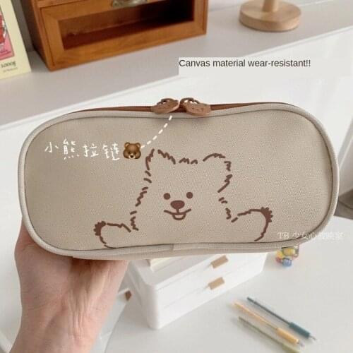 Simple Milk Coffee Color Bear Pencil Case Cute Large-capacity Canvas Student Pencil Case Stationery Bag