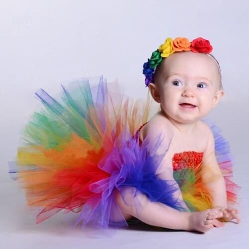 Rainbow Color Tutu Dress Baby Girls Tulle Dress with Flower Headband Kids Birthday Party Dress Children Costume Tutu Clothing