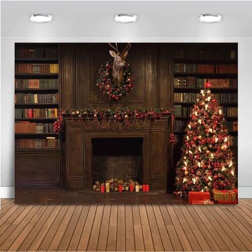 Christmas backdrop for photography bookshelf Fireplace Deer Background for photo booth studio Christmas Tree Decoratio Supplies