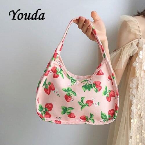 Youda Women Small Handbag Strawberry Print Canvas Tote Ladies' Fashion Underarm Bag Zipper Half Moon Bags Cotton Cloth Purse