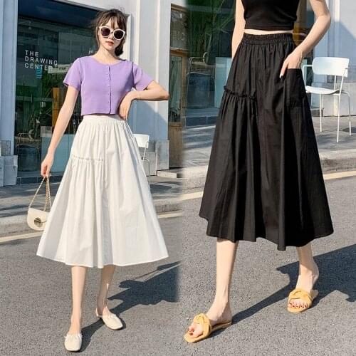White A-line Midi Skirt Female Summer 2021 New Korean Style High Waist Umbrella Skirt Mid-length Skirt Young Women BSQ372
