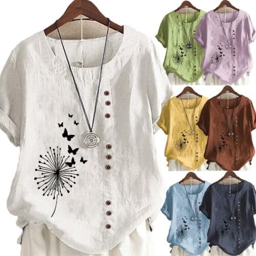 Women 's Summer Dandelion Butterfly Printed Short Sleeve Round Neck T-shirt Ladies Casual Linen Shirts Plus Size Tops