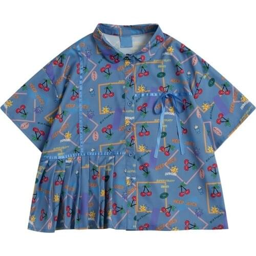 Harajuku Fruit Cherry Print Graphic Casual Shirt Women 2021 Summer Short Sleeve Turndown Collar Patchwork Female Tops