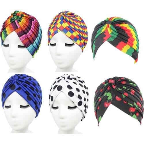 Women Rainbow Hat Colorful Prined Stripes Indian Cap Muslim Headscarf Headwear Bonnet Cancer Cap Pleated Head Wrap Cover Beanies