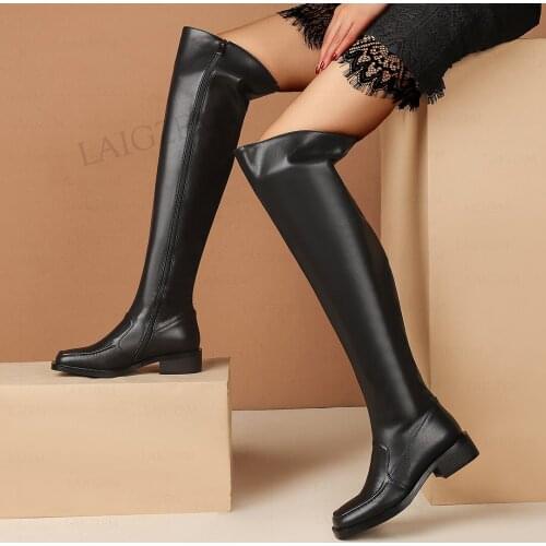 LAIGZEM Women Over Knee High Boots Genuine Leather 4CM Low Heels Side Zip Up Frauen Stiefel Shoes Woman Big Size 33 40 41 44 46