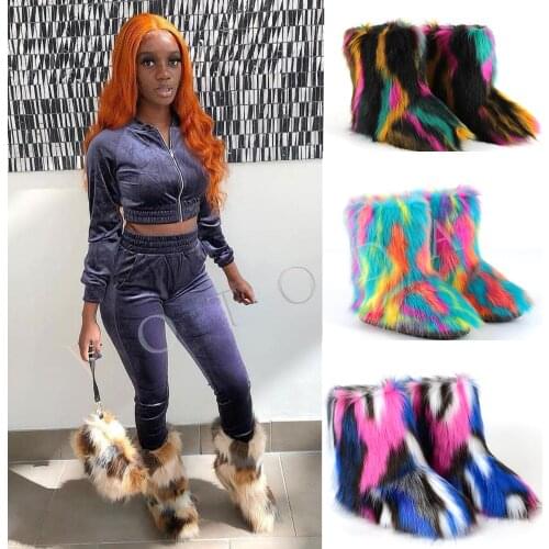 New Winter Women Fur Boots Woman Fluffy Furry Faux Fur Snow Boots Female Plush Outside Flat Shoe Ladies Warm Slip On Ankle Boots