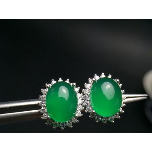 Uloveido Green Chalcedony Stud Earrings Women, 925 Sterling Silver Jewelry, 8*10mm Gemstone with Velvet Box Certificate FR157