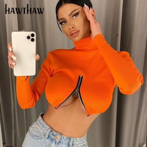 Hawthaw Women Autumn Fashion Long Sleeve Zipper Solid Color Slim Crop Tops T Shirt 2021 Fall Female Wholesale Clothes Streetwear