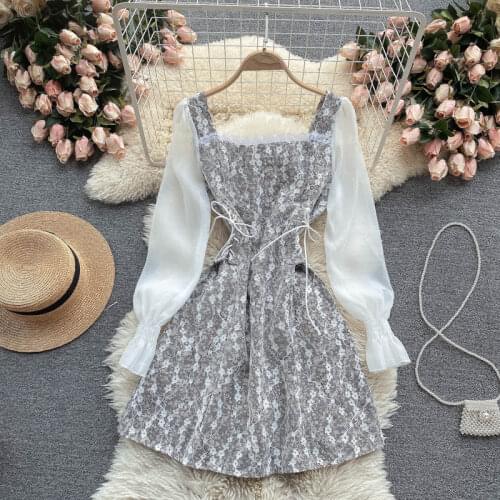 Sweet Dress for Women 2021 Summer new Retro Floral Print Lace Square collar Side tie up Slim Short/Long Chiffon Sleeve Mini Dres