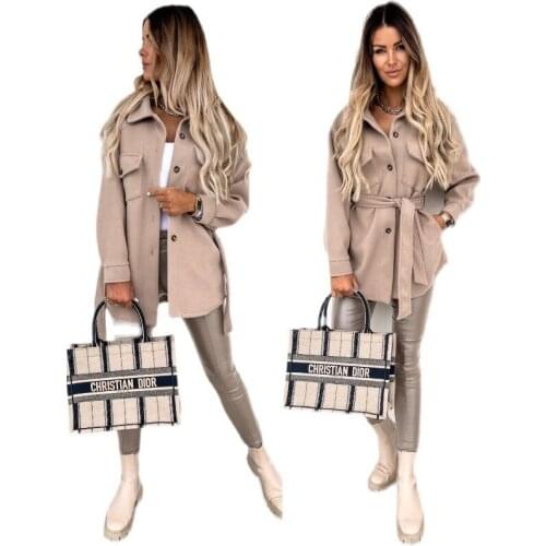 Kalenmos Streetwear Blends Women Fashion Lapel Solid Color Single-breasted Lace Up Wool Long-sleeved Loose All-match Woman Coat