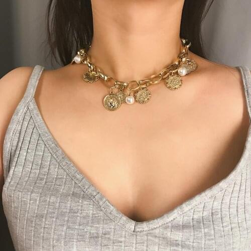 2020 Exaggerated Thick Cion Chain Choker Necklace Vintage Double Layer Imitation Pearl Chain Fashion Pearl Necklace for Women