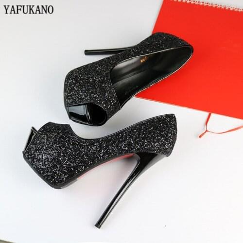 2020 Brand Thin Heels Platform Bling Bridal Wedding Shoes Sexy Women Peep Toe Pumps Silver High Heels Party Dress Ladies Shoes