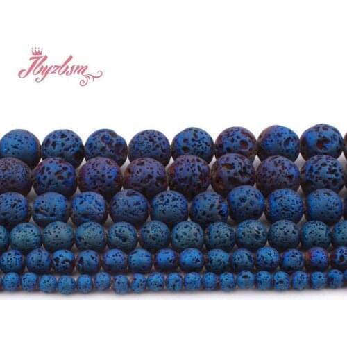 6/8/10mm Natural Lava Rock Blue Metallic Plated Round Loose Stone Beads For DIY Jewelry Making Bracelet Strand 15" Free Shipping