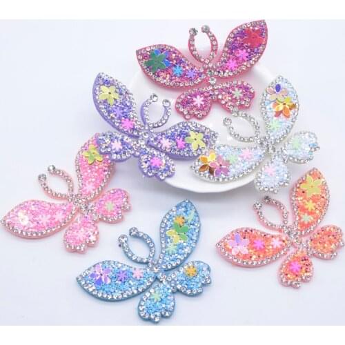12Pcs 62*42mm Sequins Clay Rhinestone Butterfly Applique for Clothes Hat Shoes Patches Headwear Hair Clips Bow Decor Accessories