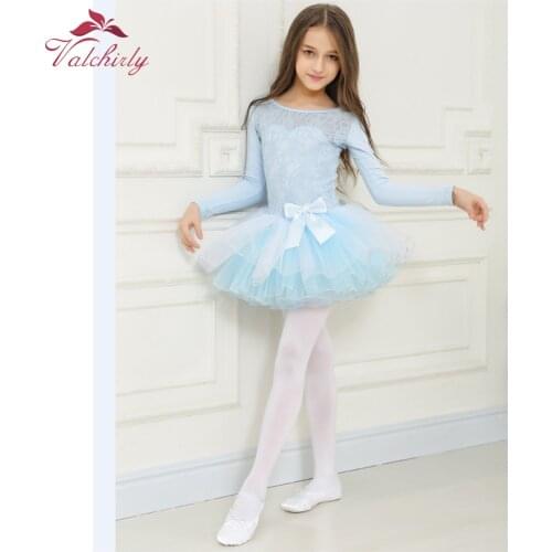 Blue Winter Long Sleeves Girls Ballet Leotard Tutu Dress Lace Dance Clothing Puffy Skirt for Kids