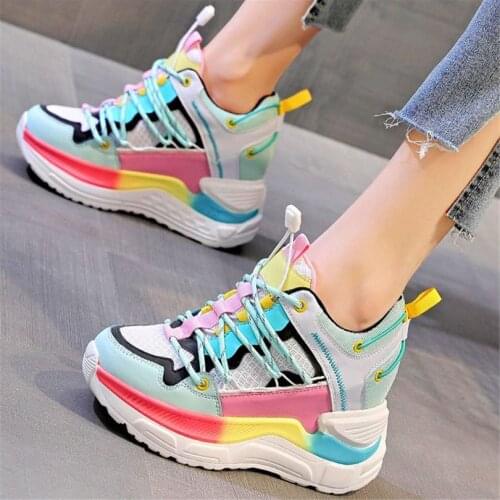 Increasing Height Fashion Sneakers Women Multicolor Leather Platform Wedge Ankle Boots High Heels Creeper Shoe 34 35 36 37 38 39