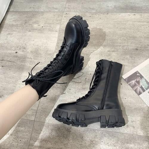2020 Womens Lace Up Mid Heels Woman Metal Buckle Female Footwear Ladies Shoes Plus Size Women Platform Motorcycle Ankle Boots